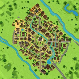 the map of a medieval village from above, orthographic visuals, rivers, lakes, roads, pixel game, terraria