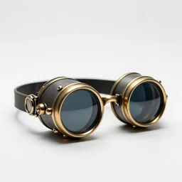 steampunk goggles, high detail macro photography, isolated on a pure white background, centered, entire object in frame, sharp focus, soft studio lighting