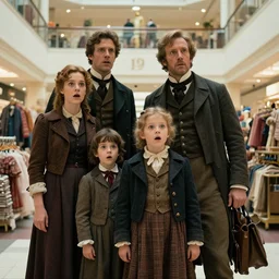 sharp, highly detailed, 8k, 65mm film, high quality frame scan from a sci fi blockbuster color movie made in 2019, a family of four time travelers from 1860 travel in time to 2019, appearing in a shopping mall, looking surprised, the family are all wearing 1860s era clothes, good lighting, in focus, cinematic still, high quality scan, in focus, 35mm macro lens, oscar winner, award winning lighting, award winning photography, ultra high definition