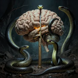 Cane and Able inside the brain, snake is surrounding them, beautiful dramatic moody lighting, cinematic atmosphere, Zdzislaw Beksiński, Dan Mumford, Patiphan Sottiwilaiphong, Yintion J - Jiang Geping