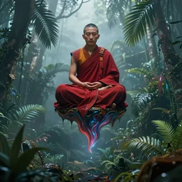 abstract illustration of a tibetan monk in lotus position flying in weightlessness inside tropical jungle with palm leaves. dressed in traditional red cloth, small foggy and blue gloomy, highly detailed, photorealistic, abstract science fiction illustration by salvador dali, jeremy geddes, with liquid glsl shader deformations in processing