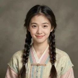 a sadly smiling black haired, young peasant woman from the 19th century who looks very similar to (((Lee Young Ae))) with a two french braids, pastel colours, detailed, painting by Rembrandt, Csók István and da Vinci