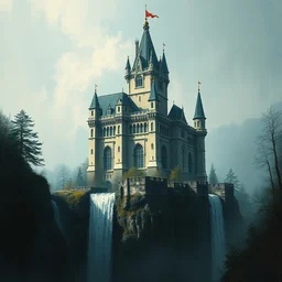 a painting of a castle with a waterfall in front of it. digital painting, vertical, intricate, beautiful, detailed, grunge, sharp focus, abstract art by el lissitzky and artgerm and kandinsky, trending on artstation. gradient darker to bottom