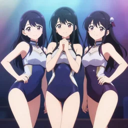 beautiful, perfect, epic 8 k hd anime shot, three j - pop idols av actresses in japanese girl band, posing together in leotards. soft volumetric light. by yoshiyuki sadamoto, pixiv