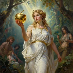 eris discordia, greek goddess of chaos, holding an reflective gold!!! metal apple, goddess of chaos, in the garden of eden, god rays, volumetric lighting, by michael cheval, peter mohrbacher, boris vallejo, jessica rossier, oil painting, highly detailed, cinematic lighting, unreal