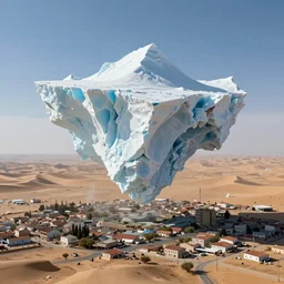giant iceberg floating in the air on top of a town in the desert, panoramic view, daytime, hyper detailed, 4 k