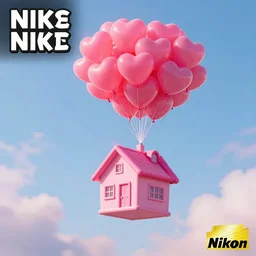 a 5 0 mm lens photograph of a cute pink floating house in the sky, held in the air by heart shaped vibrant ballons, inspired by the movie up. mist, playful composition canon, nikon, award winning, photo of the year
