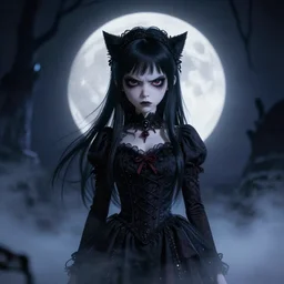 full shot portrait of angry darkness Clara Morgane as a cute anime girl at moonlight, gothic wearing, inspired by Tim Burton, Amano, detailed, unreal engine 4k volumetric light, fog,