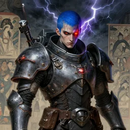 portrait of gothic and futuristic young man, warhammer, cyberpunk armor, a lot of scars, thunderstorm, blue head, fire eyes, some red and purple, the middle ages, highly detailed, artstation, in the style of moebius, jugendstil and classic japanese print, art by rene magritte and jean delville