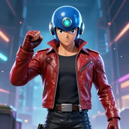 an epic anime of a energy man, leather jacket, leather gloves, megaman helmet, ghibli, unreal 5, octane render, rpg portrait, dynamic lighting, epic, epic anime, 2 d