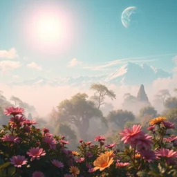 a beautiful 3 d render of a paradise garden, perfect, hazy, volumetric lighting, snowy summits, earth visible on the sky, very detailed, serene, cirrus, cyan accents, gold accents, lush flora, flowers, washed out colors, photorealistic, master level composition, raytracing