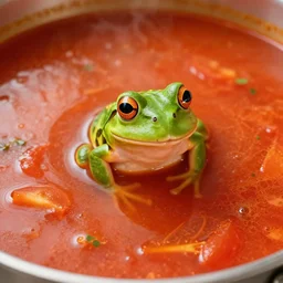 a frog emerging from a pot of tomato soup, frog soup, recipe photo