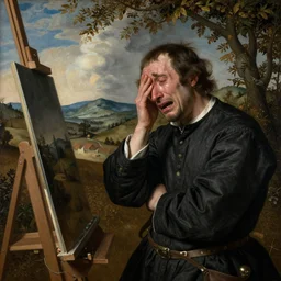 a painter at his easel crying in despair, Hieronymous Bosch