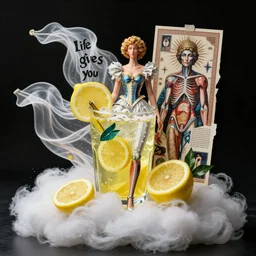 when life gives you lemons, make lemonade!!! transparent volumetric clouds, fashion photography, pop art, extremely detailed, artforum, juxtapoz art, wind blown fabric, nouveau realisme decollage, surreal object photography, haute couture, lowbrow pop surrealism, anatomical art aesthetic, hermeticism, alchemy, trismegistus