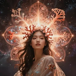 ridiculously beautiful young asian woman tripping, coral and light fractals radiating from head with sacred geometry, cosmic, natural, awakening, symmetrical, in the style of ernst haeckel, effervescent, warm, photo realistic, epic and cinematic