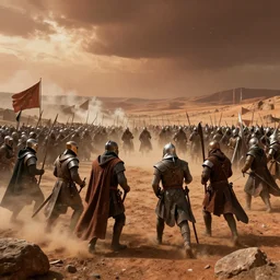 a photo of a medieval battle in Mars, high detail, photorealistic
