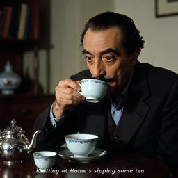A frame from the film 'Knitting at Home sipping some tea'  directed by Salvador Dali,  70mm, grainy film photography, chiaroscuro, highly detailed, masterpiece
