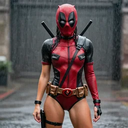 fully body pose, photo of a very beautiful!! victoria secret model, deadpool mask, wet hair, raining, 8 k, hdr, smooth, sharp focus, high resolution, award - winning photo, trending on artstation, dslr, 5 0 mm