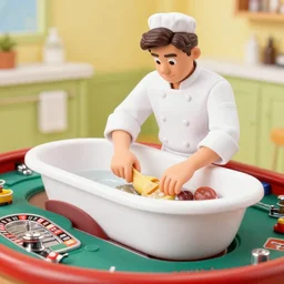 italian chef taking a bath on a roulette table fisher - price scene from tv show 5 5 mm