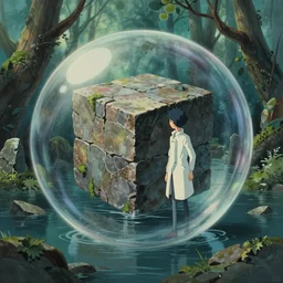 hyperrealist painting of a cube inside a giant transparent bubble from howl's moving castle ( 2 0 0 4 ) in a flooded monument valley stonehenge jungle. skinny grey scientist. moody, misty, depth perception.