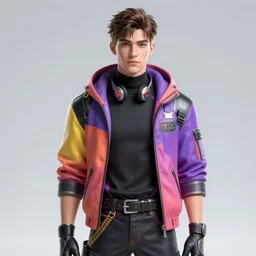 full character portrait view high quality render realistic high detail cinematic digital concept art of a young man dressed in stylish future clothing with face visible by artgerm and greg rutkowski and marc simonetti, artstation trending, vibrant colour, valorant, fortnite and blank background,