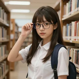 A photorealistic style of a young girl wearing a glasses in the library, unreal 5, DAZ, hyperrealistic, octane render, cosplay, dynamic lighting