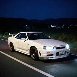 Beautiful 1990s Photograph of Nissan Skyline R34  on a road in Japanese countryside, nightime, , dynamic lighting