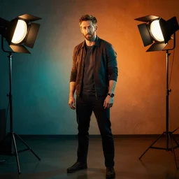 ryan reynolds in a dark room with orange and cyan lighting, studio lighting, professional photography