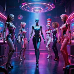 nuclear powered love factory with latex clad nubile fembot androids being possessed by the machine spirit, artists tram pararam and doctor seuss with joan semmel and hr giger, neon high contrast cinematic light, mystical shadows, sharp focus, divine realm of gods, octane render