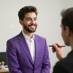 a guy wearing a purple suit and smiling well getting his portrait done.