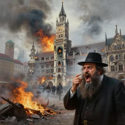 city of munich destroyed by a meteor!!!, rubble!!, fires!!, close view of a jewish rabbi screaming in panic!!!, hyperrealistic, highly detailed, cinematic, foggy light from fires, beautiful, cgssociety, artstation, 8 k, oil painting by greg rutkowski, by artgerm, by wlop