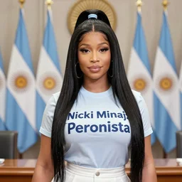 Nicki Minaj Peronista, in the Argentine Congress, flags of Argentina behind, detailed picture