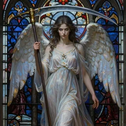 breathtaking detailed soft painting of a sensual grim reaper angel in gauze dress with a buge scythe, with long hair and piercing eyes, in an intricate medieval stained glass, rembrandt style, elegant, highly detailed, artstation, concept art, matte, sharp focus, art by tom bagshaw, luis royo and greg rutkowski