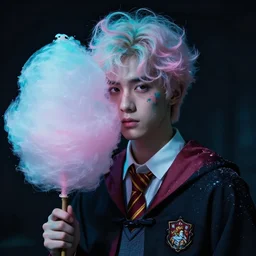 dramatic lighting photo of a beautiful young male wizard with cotton candy hair. paint splashes. moody and melancholy. with a little bit of cyan and pink