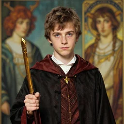 a photorealistic male wizard teenager wearing wizard outfit, sharp focus, photograph, art by artgerm and greg rutkowski and alphonse mucha