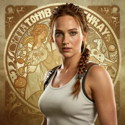 jennifer lawrence in tomb raider, path traced, octane render, highly detailed, high quality, digital portrait by artgerm, hd, alphonse mucha, tom bagshaw