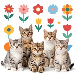 a group of kitten by Sandra Chevrier and Sachin Teng, colorful geometric pattern, flowers