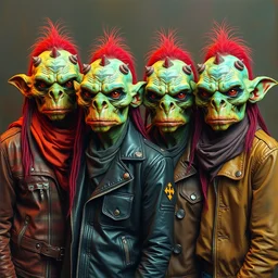 apocalyptic scifi goblin characters standing together, professional band photo, psychedelic vibrant colors, futuristic punk rock fashion, oil painting by michael whelan art, perfect faces, sharp focus, detailed eyes, realistic, leather jackets, 8 k
