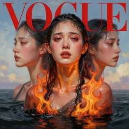 3 d, crying fashion model, sweat skin, flame, liquid black water, morning, vogue cover style, poster art, high detail, intricate oil painting, multiple exposure, heaven mood, hyperrealism, 3 d, by tooth wu and wlop and beeple and greg rutkowski