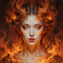 stunning goddess of fire portrait, pale skin, ashes, ember, fantasy, intricate, elegant, highly detailed, symmetrical face, digital painting, artstation, concept art, smooth, sharp focus, illustration, art by krenz cushart and artem demura and alphonse mucha