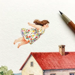 a beautiful pen and watercolor painting on textured paper, of a sweet, fat girl, flowery dress, flying over an old house with a red roof. in the style of frankenthaler and klee. beautiful lighting, 4 k post - processing, trending at art station, cg society, highly detailed, 5 k ultra - detailed, 3 d. a cinematic scene. sharp picture