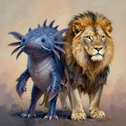 painting of hybrid between axolotl!! & lions, intercrossed animal, mixture animal, by tiffany bozic, by zdzislaw beksinski, cold hue's, warm tone gradient background, concept art, beautiful composition, digital painting,