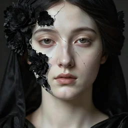 hyperrealism close - up mythological portrait of a beautiful medieval woman's shattered face partially made of black flowers in style of classicism using the fibonacci golden ratio, pale skin, ivory make up on the eyes, wearing black silk robe, dark and dull palette