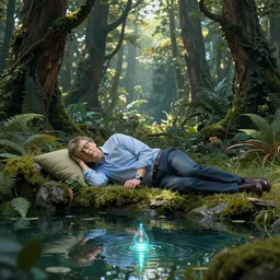 Bill Gates sleeping by a magical pond in an amazing deep fantasy forest