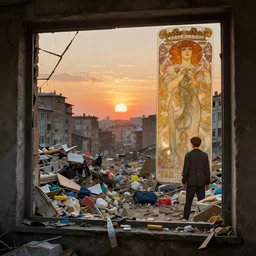 broken window in foreground!! garbage dump, city is pure wasteland, sunset in background, detailed characters, alphonse mucha, greg rutkowski, trending on artstation, artgerm, breathtaking, sharp focus, smooth, mark arian, award winning, highly detailed 4 k art