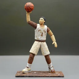 A sculpture a a basketball player made pure recycle materials