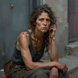 complementary colours, painted portrait of rugged homeless woman begging in the street by ruan jia greg rutkowski, unkempt hair, clear face muscular feminine female mature powerful sensual beautiful hobo homeless fantasy intricate elegant detailed digital painting, concept art artstation sharp focus illustration