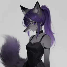 a sad woman with black fox ears, and a fox snout, she has purple hair tied up in to a ponytail, and is wearing a black dress. shaded artwork, furry art, fur - affinity, deviant art