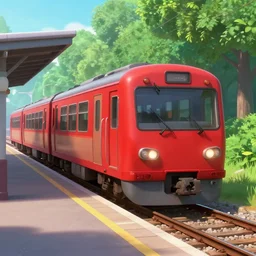 a red train parked in a train station near a forest, anime style, pixar and disney style, cartoon, high coherence, highly detailed, high quality, 4 k, symmetrical, low contrast, soft lighting, path traced, high color vibrance, hyperrealistic, digital art, concept art, trending on deviantart, masterpiece, digital painting, serene scene