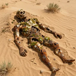 fossilized humanoid creature covered with moss and rust, buried in the desert, carved symbols, digital art